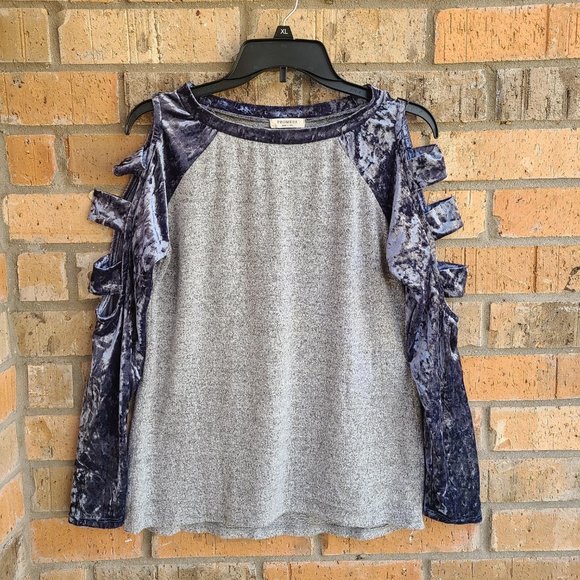 Promesa Women's Top Blouse Cold Open Shoulders Blue Gray Size S - Picture 7 of 8
